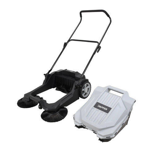 Heavy Duty Manual Push Sweeper For Driveways Patios And Garages Featuring 25.5 Inch Sweep Width And 5.25 Gallon Hopper with black and white design.