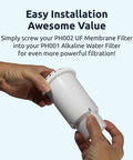Hands holding Alkaline Water Filter and UF Membrane Replacement Cartridge Bundle for Invigorated Water Pitcher installation