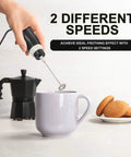 Corded Electric Milk Frother With Plug In Handheld Whisk for frothing coffee foam with moka pot and cookies nearby