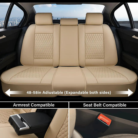Universal Car Seat Covers Full Set With Nappa Leather Look Waterproof Seat Protector showing beige rear seats with armrest access