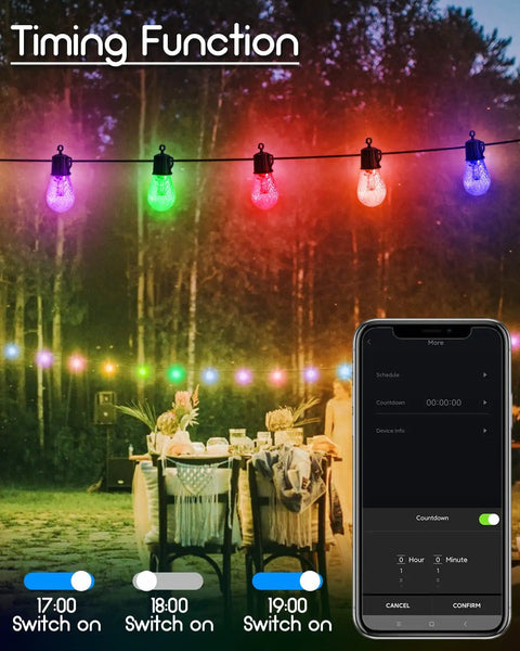 Outdoor Solar String Lights 48 Ft Waterproof Dimmable With Timer Bluetooth App And Remote 20 Scene Color Modes displayed in garden