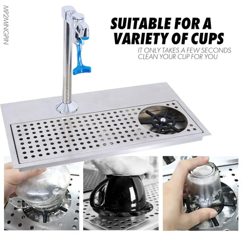 Recessed Countertop Pitcher Rinser Built From Heavy Duty 304 Stainless Steel With A High Pressure Multi Angle Spray Head And Integrated Drain Pan Fast Hookup For Home Bars Cafes Slick Cleanup Essentials with brass tap and drainage holes.