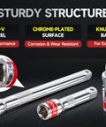 Eight Piece Three Eighths Inch Drive Socket Extension Set With Extra Long Bars, Socket Adapter, And Universal Joint visible.