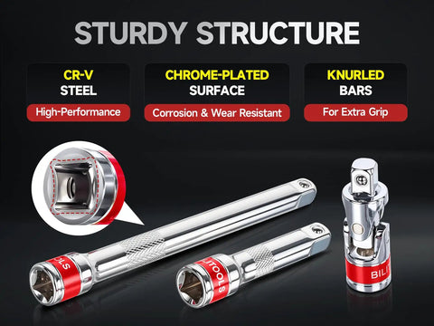 Eight Piece Three Eighths Inch Drive Socket Extension Set With Extra Long Bars, Socket Adapter, And Universal Joint visible.