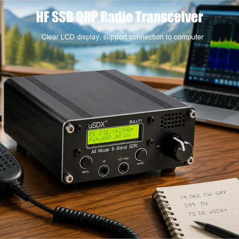 8 Band Shortwave Radio Transceiver With LCD Display, Portable HF SSB SDR QRP Ham Radio for Amateur Operators on wooden table