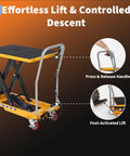 Hydraulic lift table cart with double scissor lift, 1100 lb capacity, yellow base with black platform, four wheels