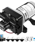 Totally Quiet 12V RV Water Pump With Strainer, 55 PSI 3.0 GPM On Demand Diaphragm Pump, black and silver with connections