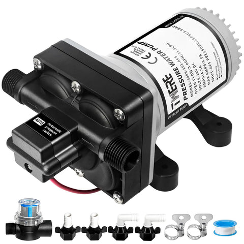 Totally Quiet 12V RV Water Pump With Strainer, 55 PSI 3.0 GPM On Demand Diaphragm Pump, black and silver with connections