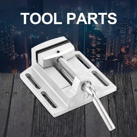 2.5 Inch Drill Press Vise Heavy Duty Metalworking Clamp With Stable Guiding Rods, silver metal mounting fixture for workshop clamping.
