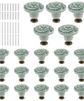 Slick Green Ceramic Cabinet Knobs set with 20 vintage drawer pulls and mounting screws, 34 millimeter diameter.