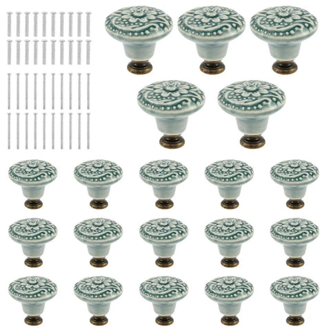 Slick Green Ceramic Cabinet Knobs set with 20 vintage drawer pulls and mounting screws, 34 millimeter diameter.