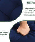 Close-up of blue All-Weather Outdoor Lounge Chair Cushions with 3D stitching, highlighting thickness and fabric texture.