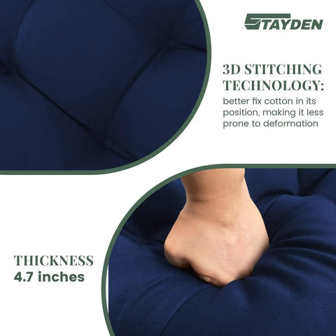 Close-up of blue All-Weather Outdoor Lounge Chair Cushions with 3D stitching, highlighting thickness and fabric texture.