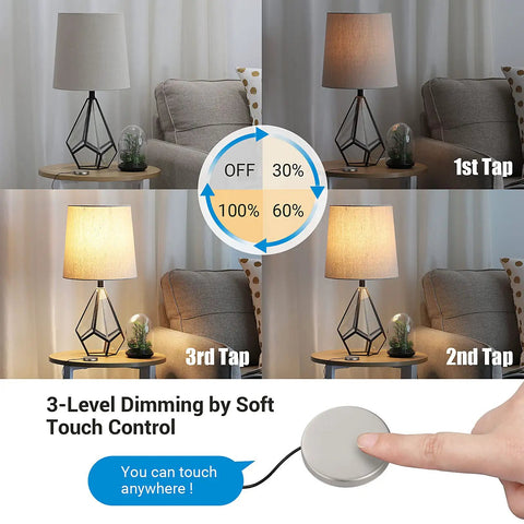Touch Dimmer Switch With 3 Level Dimming, Easy Tap Pad Control For Dimmable LED CFL And Incandescent Bulbs, Inline Dimmer With 8 Ft Extension Cord, Anti Slip Pad, ETL Listed, Black