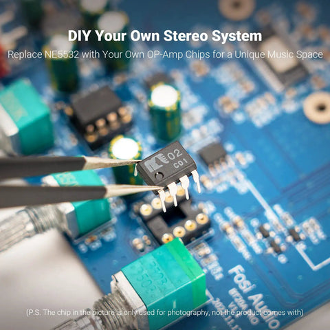 Close-up of BT20A Pro Bluetooth 5.0 Amplifier circuit board with customizable op-amp chip for enhanced audio control.