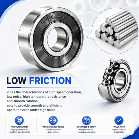 Close-up of 608RS ball bearing showing low friction features; part of 52 Piece Miniature Deep Groove Ball Bearing Kit With 10 Size Range Includes 608ZZ 608RS R188ZZ 624ZZ 693ZZ 685ZZ 623ZZ MR105RS MR128RS MR63RS Low Friction Precision Bearings For 3D Printers Skateboards Robotics And DIY Projects.
