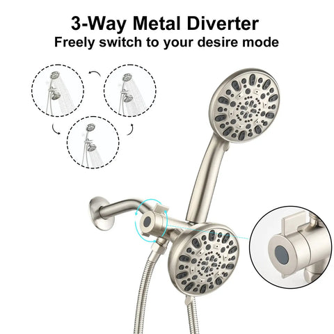 3-way metal diverter on brushed nickel shower faucet set with valve and 48 settings, dual 2-in-1 high pressure rain and handheld heads