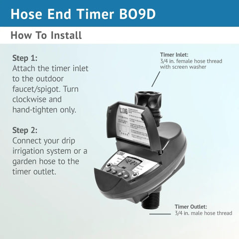 Three Quarter Inch Hose End Battery Operated Programmable Timer For Gardens And Patios With Six Button LCD Display Watering From One Minute To Twelve Hours Fifty Nine Minutes Female Inlet Male Outlet Irrigation Controller with installation instructions.