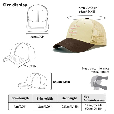 Size display of Womens Washed Cotton Dad Hat with adjustable strap, showing dimensions for brim length, width, and head circumference.