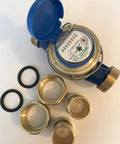 1-1/2 Inch Water Meter With Pulse Output For Gallon Measurement Inline Horizontal Flow Meter Kit With Coupling displayed on white background