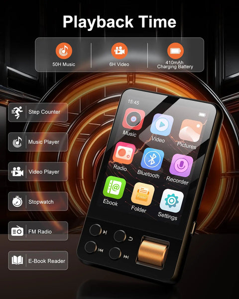128GB Bluetooth 5.4 MP3 Player With Built In HD Speaker FM Radio Voice Recorder HiFi Sound E Book shown with app icons
