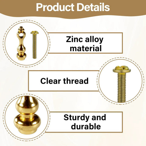 Product details of Heavy Duty Gold Tone Zinc Alloy Shelf Rail Brackets 4 Pack showcasing zinc alloy material, clear thread, and durability.