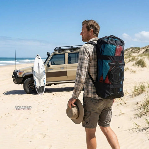 Man carrying Dope Inflatable Wing Surfing Kit For Water Sports With 2.2 Square Meter Blue Wing Shaped Board PVC on beach near SUV.