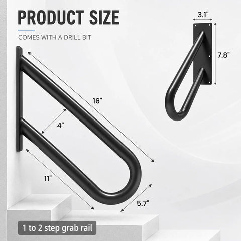 Compact U Shaped Pipe Grab Handle Wall Mount For 1 To 2 Steps Non Slip Stair Railing dimensions on wall with drill bit visible.