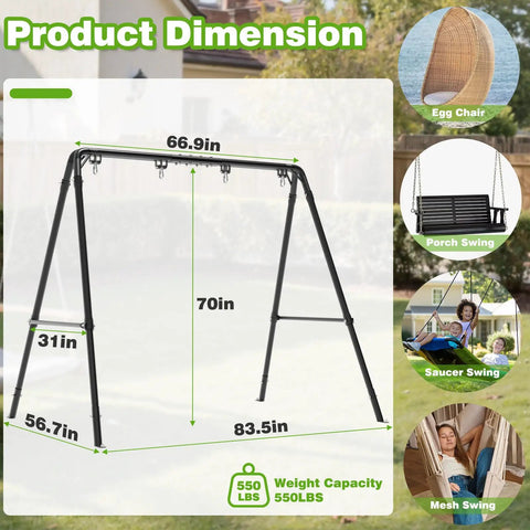 Beefed-Up Heavy Duty Porch Swing Stand With Adjustable Height, Powder Coated A-Frame Steel, Outdoor Swing Stand, Dimensions Shown