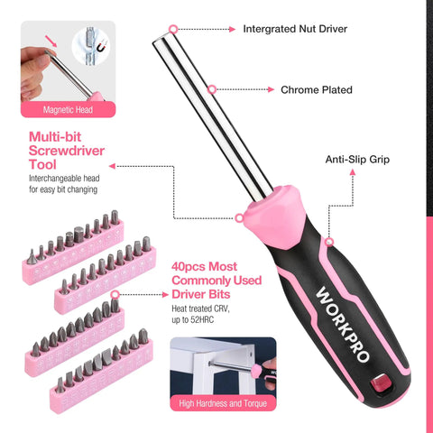Pink 277 Piece Home Repair Kit With Wide Mouth 13 Inch Tool Bag Hammer Screwdrivers Pliers Wrenches And Essential Diy Household Tools For Quick Pro Grade Home Fixes featuring screwdrivers and driver bits