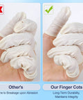 Comparison of Top Notch Medium Finger Cots 480 Count Powder Free Fingertip Sleeves, showing durability vs breakage.