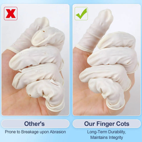 Comparison of Top Notch Medium Finger Cots 480 Count Powder Free Fingertip Sleeves, showing durability vs breakage.