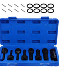 1/2-inch drive impact socket set in blue plastic case with 8 black sockets, bit adapter, and impact sleeve.