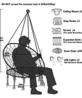 Hanging Chair For Bedroom Hammock Swing With Lights And Hardware Kits Holds Up To 550 Lbs Macrame Cotton Rope Chair For Patio Deck Garden Chill Vibes Cushion Not Included, diagram showing dimensions and included hardware, including ceiling mounts and LED lights.