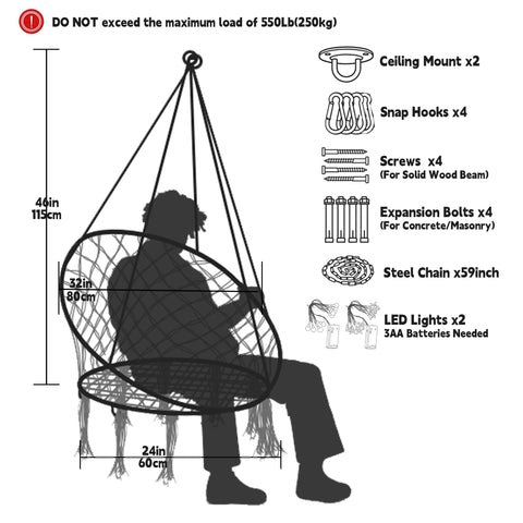 Hanging Chair For Bedroom Hammock Swing With Lights And Hardware Kits Holds Up To 550 Lbs Macrame Cotton Rope Chair For Patio Deck Garden Chill Vibes Cushion Not Included, diagram showing dimensions and included hardware, including ceiling mounts and LED lights.