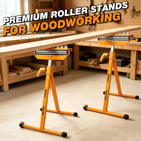 Badass Heavy Duty Roller Stand With 3 In 1 Adjustable Head And 250 Lbs Capacity Chrome Steel Workhorse Pro Jobsite Essential For Moving Roll Goods Effortlessly. Two premium roller stands in a workshop supporting a wooden board.