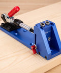 Heavy Duty Pocket Hole Jig Kit With Adjustable Depth Clamp For Cabinetry And Furniture Repair Includes Drill Bushings Wood Plugs Screws And Boring Tool That Is A Total Game Changer For DIYers, blue aluminum jig on wood