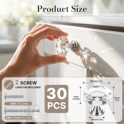 30 Pack Sparkling Clear Glass Cabinet Knobs 1 1/4 Inch Silver Polygon Drawer Pulls Kitchen Cupboard Hardware shiny glass knob on drawer
