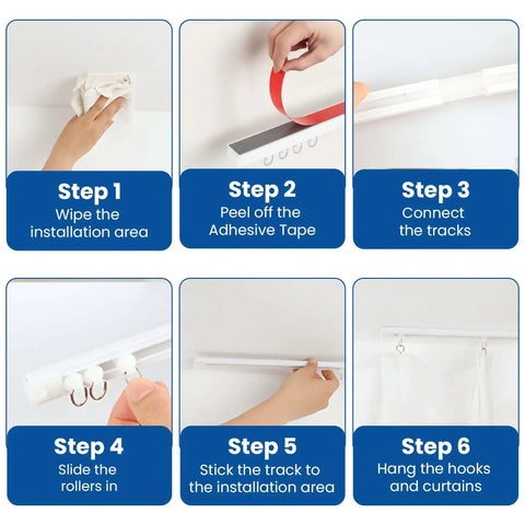 Self Adhesive Curtain Track For No Drill Ceiling Mount 3 M Long Window Drapery Rail installation steps on ceiling with adhesive tape
