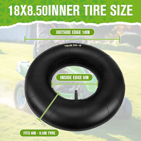 Premium Heavy Duty 18x8.50-8 And 18x9.50-8 Inner Tube Featuring Tr-13 Valve Stem, measuring 18 inches outside and 8 inches inside.