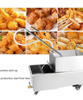 Heavy Duty 550W Commercial Fryer Oil Filter Cart With 65L Tank And Quick Pump System beside images of fried foods.