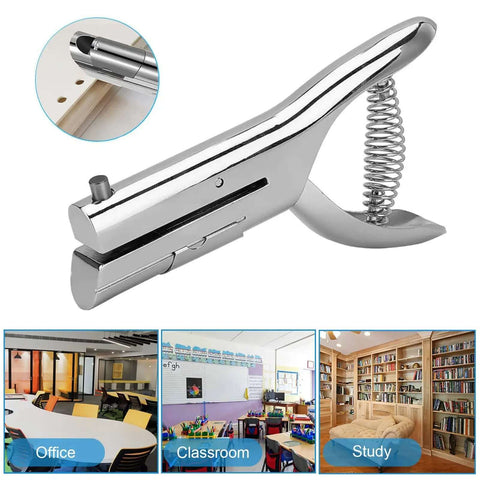 Ultra Long Reach Single Hole Punch Heavy Duty Zinc Alloy Hand Held Leather Punch For Scrapbooking ID Cards PVC Badges Photos And Paper 1/4 Inch Punch Capacity Deep Reach Edge To Center Punching shown with office, classroom, and study use.