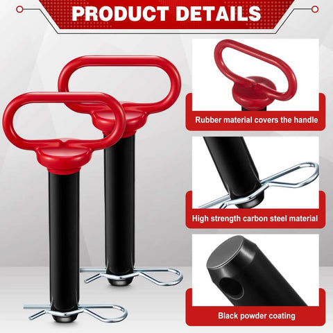 2 Pack 1 Inch Clevis Hitch Pins With Red Rubber Coated Handle And 3.35 Inch R Clip Black Powder Coated For Ball Mounts ATV And Hitch Accessories Durable U Shaped Clamp Pins For Secure Quick Release, showing detailed view of red handle and black coated pin
