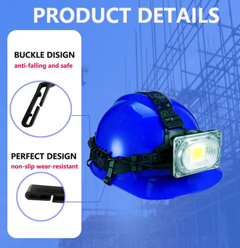 Heavy Duty Helmet Light Clips for Hard Hats and Safety Caps 50 Pack Narrow Edge Headlamp Mounts on blue helmet