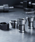 M17 Collet Nut Set With Dead On Chuck Grip Lock Down Tool Holder Mounting Hardware Shop Rated Precision Alignment CNC Routing And Metal Fabrication Knockout Quality Replace 763637-1 showing four precision collet nuts on metal surface.