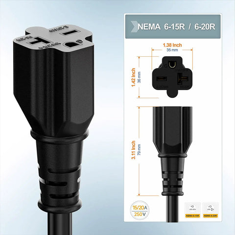 10 30P To 6 20R Dryer Adapter 30 Amp 125 250 Volt Heavy Duty 1 Foot Cord shown in close-up with measurement details