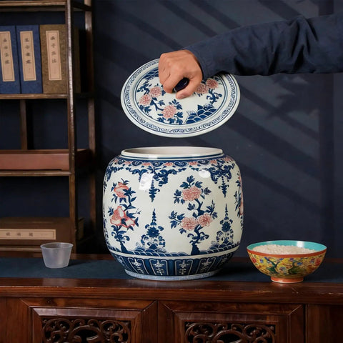 Large Ceramic Rice Jar And Flour Bin With Snap Lock Airtight Lids Authentic Chinese Good Fortune Design being opened.