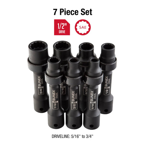 1/2-Inch Drive SAE 12-Point Driveline Socket Set 7 Piece With 360 Degree Access And Limited Clearance Universal Impact Sockets