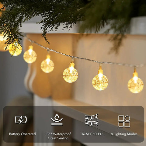 Battery Operated Globe String Lights With 50 LED Crystal Orbs 16.4 Ft Waterproof Fairy Lights With Remote on mantel