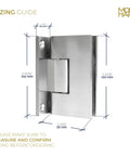 Heavy Duty 90 Degree Shower Door Hinge In Brushed Nickel, Full Back Plate, Fits 3/8 To 1/2 Inch Glass, sizing guide